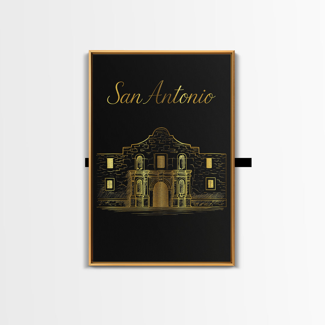 San Antonio Texas Travel Poster, Framed Canvas Print, Black Gold Minimalist Art, San Antonio City Art, City Travel Prints, City Illustration