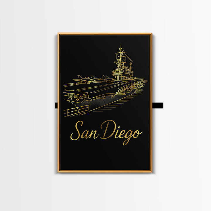 San Diego Travel Poster, Canvas Print, Gold Outline Poster Art, San Diego Travel Art, Travel Poster Art, Travel Wall Art, Home Office Decor