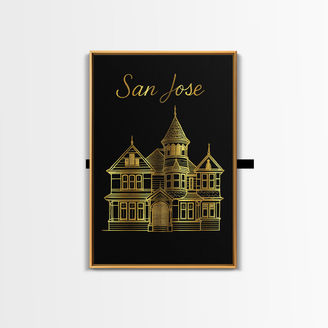 San Jose California Travel Poster, Canvas Print, Black Gold Minimalist Art, San Jose Print, Travel Art Print, Wanderlust Decor, Wall Art