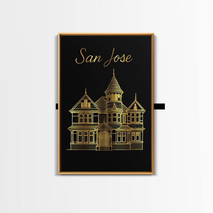 San Jose California Travel Poster, Canvas Print, Black Gold Minimalist Art, San Jose Print, Travel Art Print, Wanderlust Decor, Wall Art