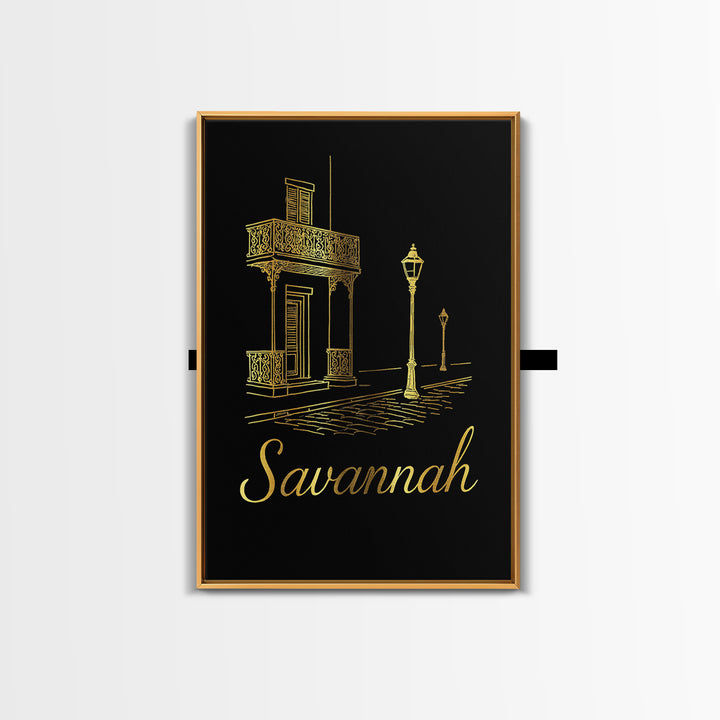 Savannah Travel Poster, Framed Canvas Print, Minimalist Gold Line Art, Savannah Travel Art, Mid Century Wall Art, Living Room Wall Art