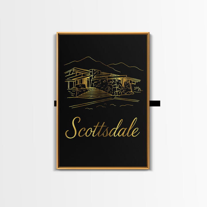 Scottsdale Arizona Travel Poster, Canvas Print, Black Gold Minimalist Art, Scottsdale Art Print, Mid Century Wall Art, Wanderlust Decor