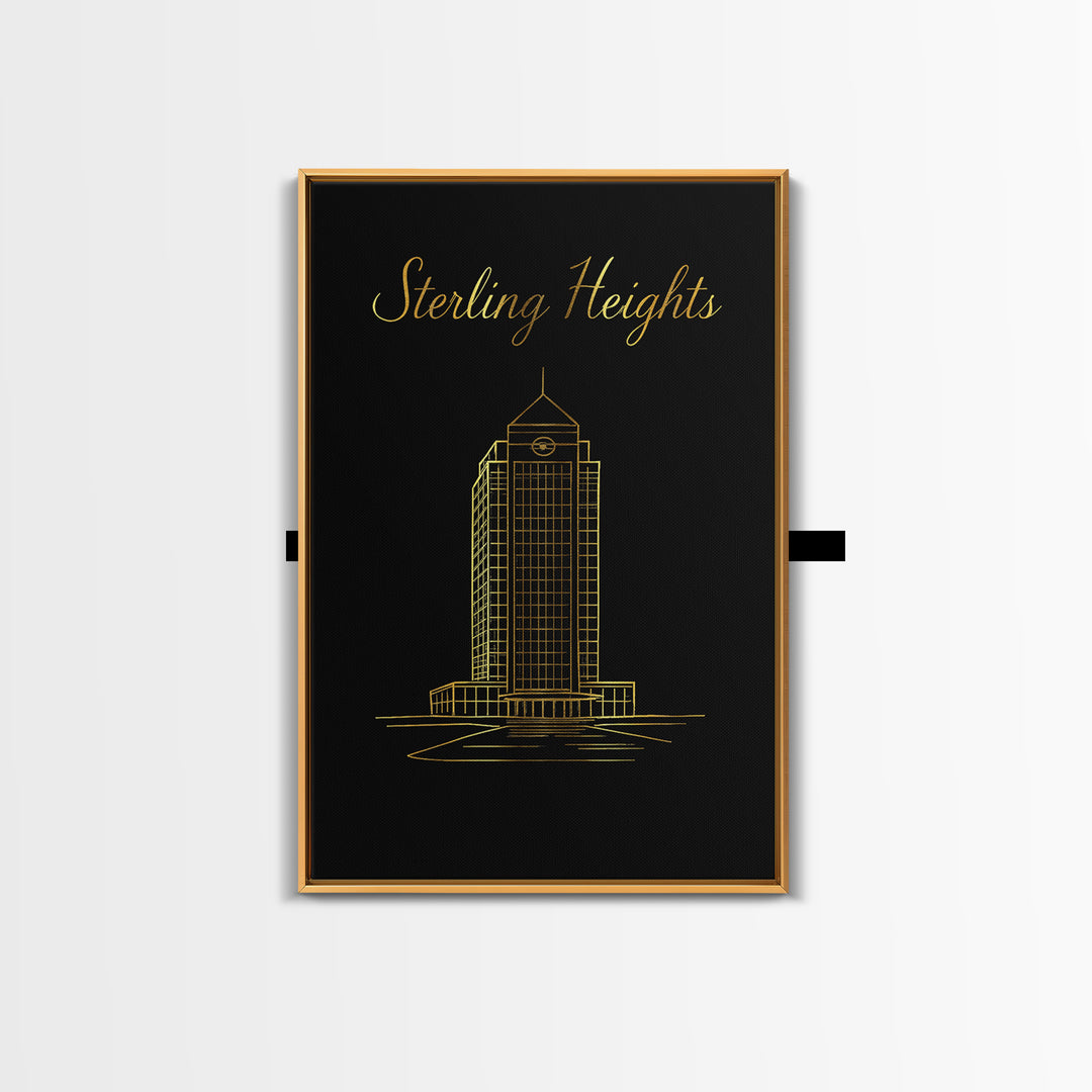 Sterling Heights Michigan Travel Poster, Canvas Print, Gold Outline Poster Art, Sterling Heights Art Print, Travel Wall Art