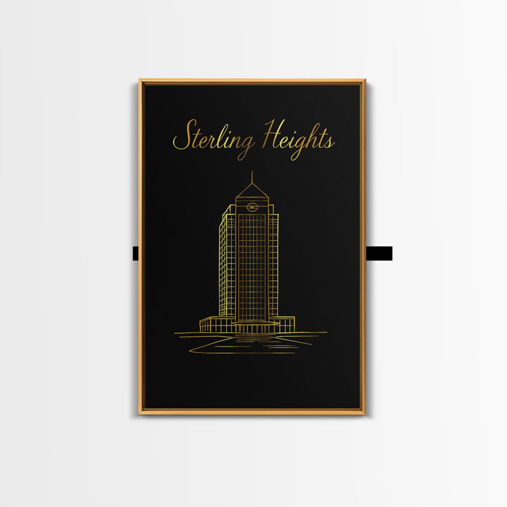Sterling Heights Michigan Travel Poster, Canvas Print, Gold Outline Poster Art, Sterling Heights Art Print, Travel Wall Art