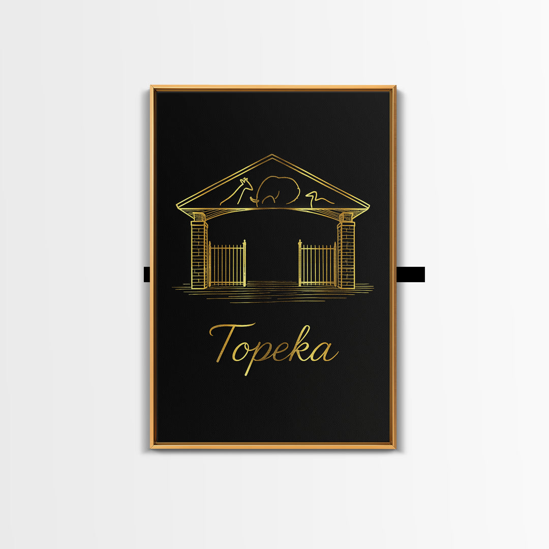 Topeka Travel Poster, Framed Canvas Print, Black Gold Minimalist Art, Topeka Art Print, City Illustration, Modern Wall Decor, Poster Art