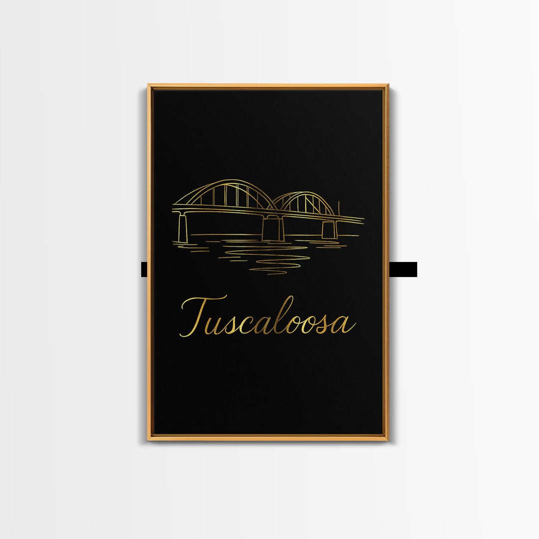 Tuscaloosa Alabama Travel Poster, Framed Canvas Print, Gold Outline Poster Art, Tuscaloosa Travel Art, City Art Print, Travel Wall Art