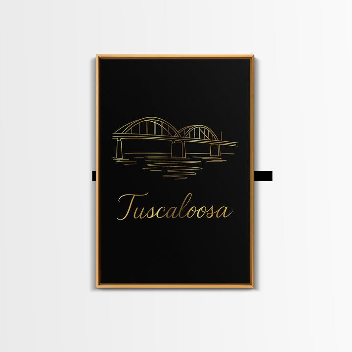 Tuscaloosa Alabama Travel Poster, Framed Canvas Print, Gold Outline Poster Art, Tuscaloosa Travel Art, City Art Print, Travel Wall Art