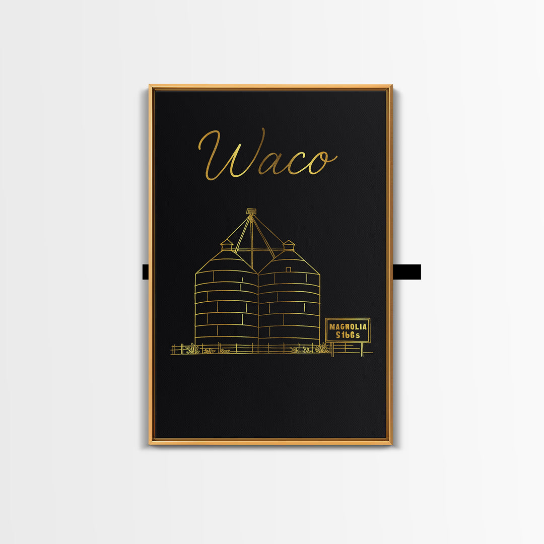 Waco Texas Travel Poster, Canvas Print, Black Gold Minimalist Art, Waco City Art, Wanderlust Decor, Home Office Decor, Retro Travel Print