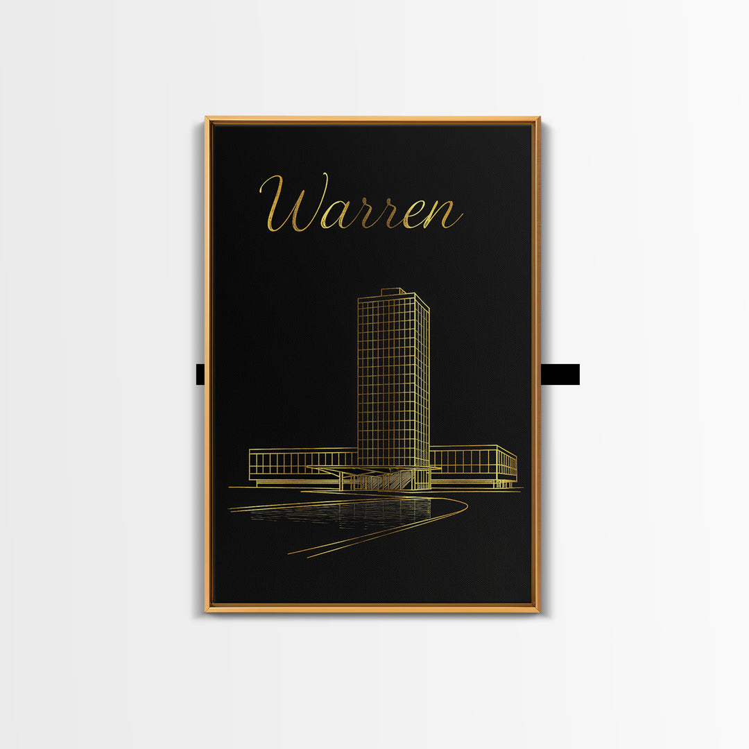 Warren Michigan Travel Poster, Canvas Print, Minimalist Gold Line Art, Warren Poster Print, Wanderlust Decor, Art Print, Gift For Travelers