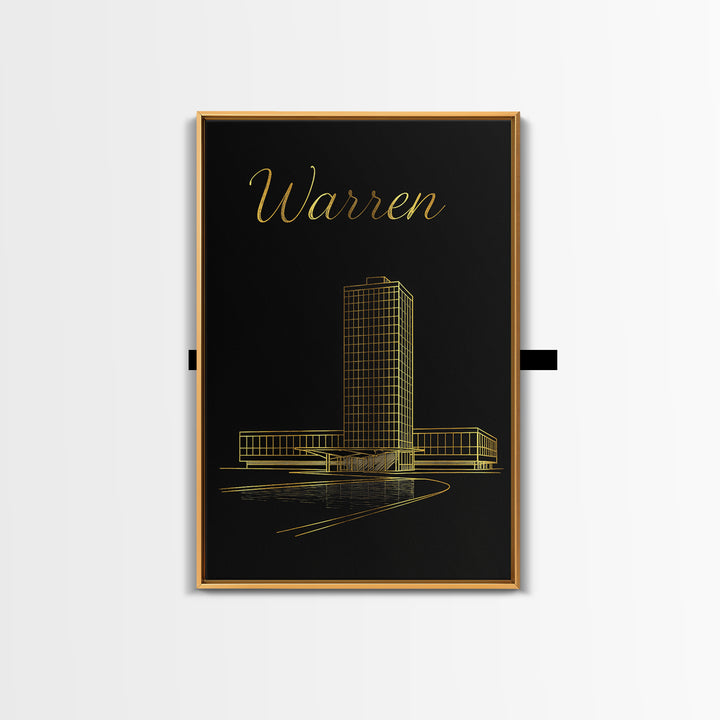 Warren Michigan Travel Poster, Canvas Print, Minimalist Gold Line Art, Warren Poster Print, Wanderlust Decor, Art Print, Gift For Travelers