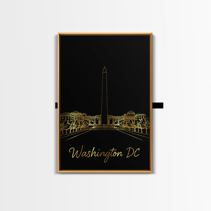 Washington DC Travel Poster, Framed Canvas Print, Minimalist Gold Line Art, Washington DC Wall Art, Travel Art Print, Mid Century Wall Art