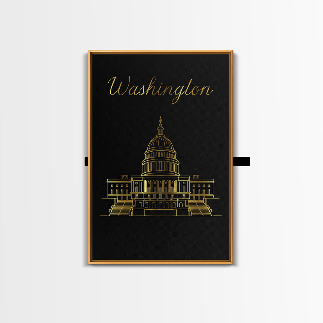 Washington DC Travel Poster, Framed Canvas Print, Minimalist Gold Line Art, Washington DC City Art, City Travel Prints, Home Office Decor