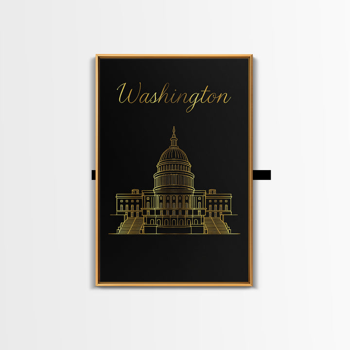 Washington DC Travel Poster, Framed Canvas Print, Minimalist Gold Line Art, Washington DC City Art, City Travel Prints, Home Office Decor
