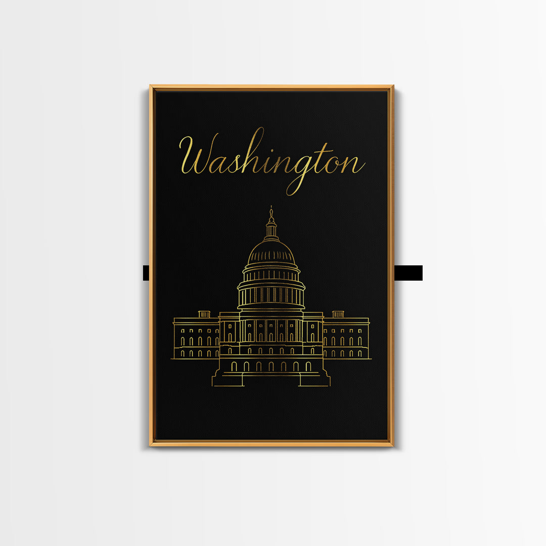 Washington DC Travel Poster, Framed Canvas Print, Black Gold Minimalist Art, Washington DC Wall Art, Gift For Travelers, Retro Travel Print