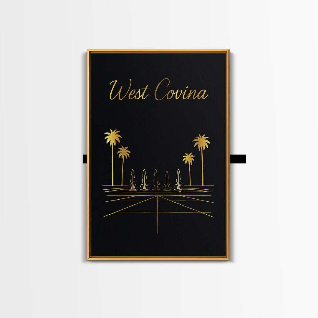 West Covina Travel Poster, Framed Canvas Print, Gold Outline Poster Art, West Covina Wall Art, Watercolor Skyline Art, City Travel Prints