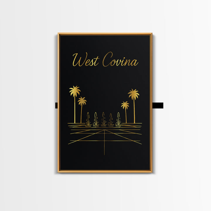 West Covina Travel Poster, Framed Canvas Print, Gold Outline Poster Art, West Covina Wall Art, Watercolor Skyline Art, City Travel Prints
