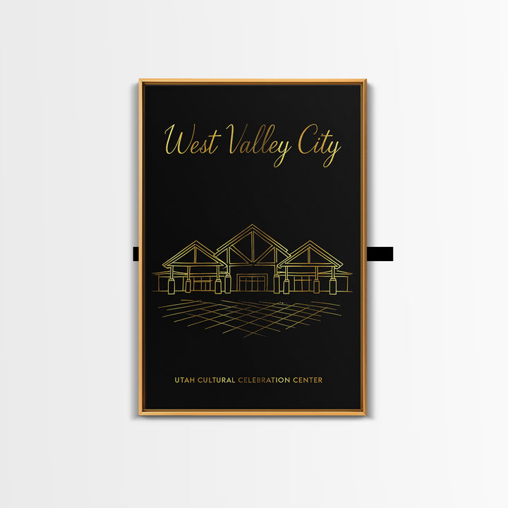 West Valley City Utah Travel Poster, Framed Canvas Print, Minimalist Gold Line Art, West Valley City Poster Print, City Illustration