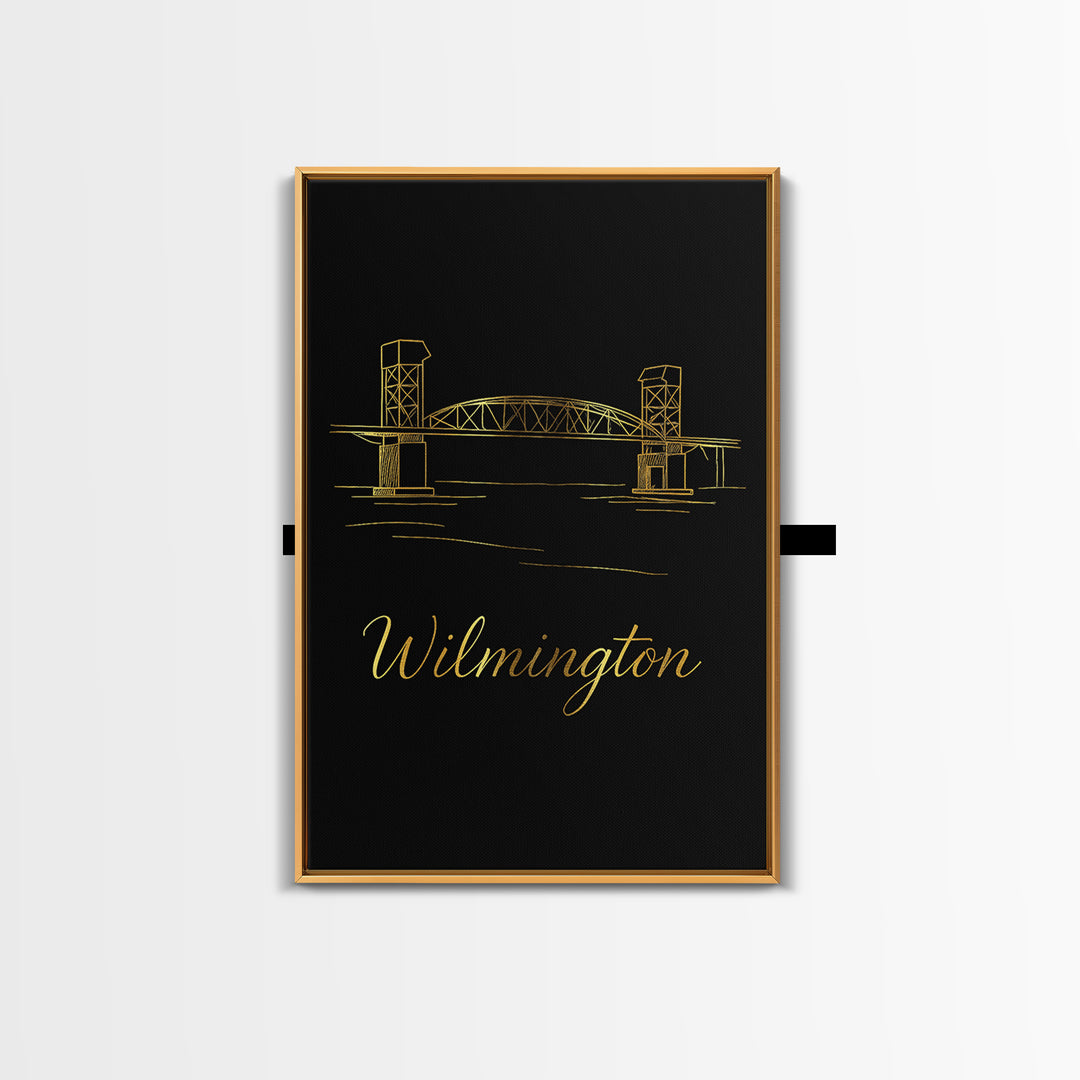 Wilmington Travel Poster, Canvas Print, Gold Outline Poster Art, Wilmington Travel Art, Mid Century Wall Art, Vintage Travel Art