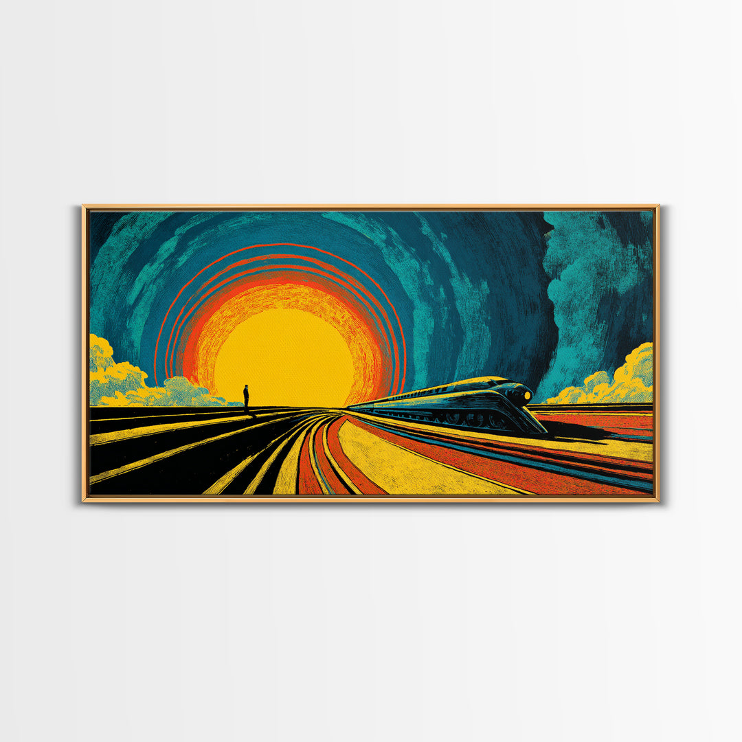 Futuristic Train Sunset Wall Art, Retro Sci Fi Railway Poster, Midcentury Modern Decor, MCM Wall Decor, Bold Orange Blue Print