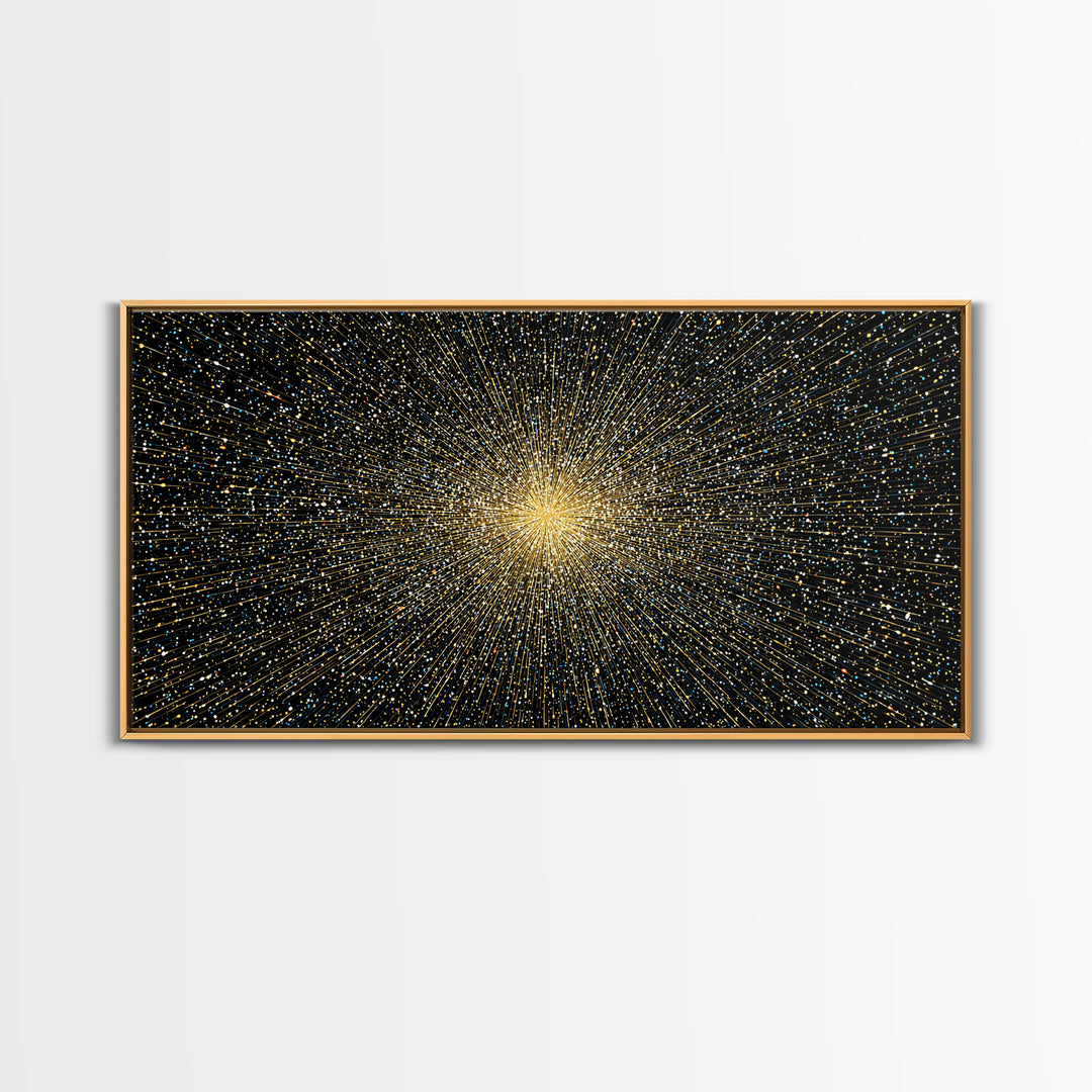 Golden Particle Explosion Wall Art, Radiant Starburst Abstract, Modern Art Print, Black Gold Space Poster, Office Decor Gift