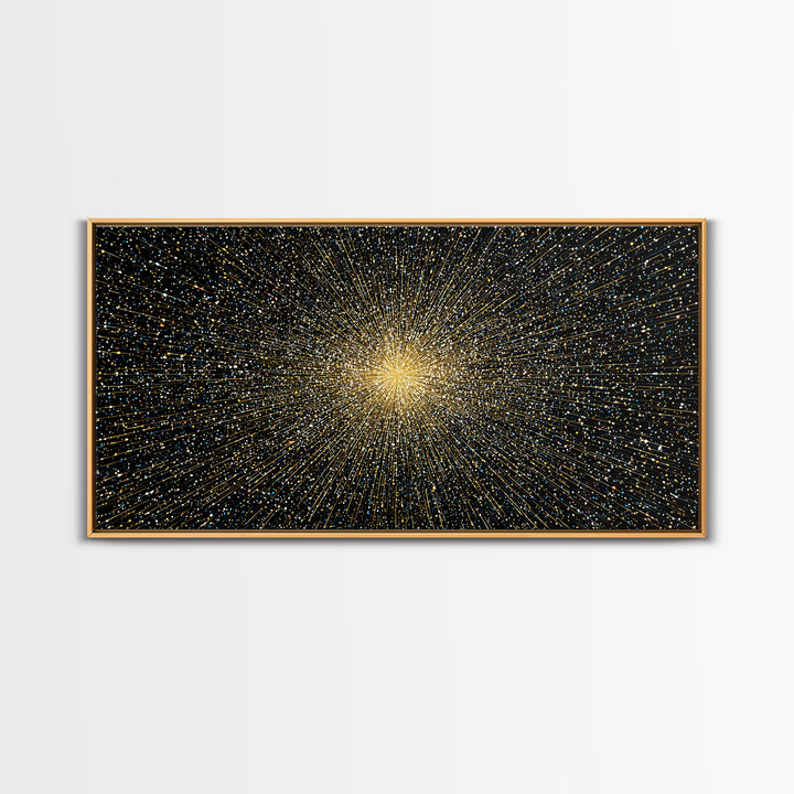 Golden Particle Explosion Wall Art, Radiant Starburst Abstract, Modern Art Print, Black Gold Space Poster, Office Decor Gift