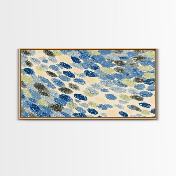 Blue Gray Brush Dot Abstract Wall Art, Midcentury Modern Art Print, Minimalist Retro Decor, Coastal Geometric Poster For Home