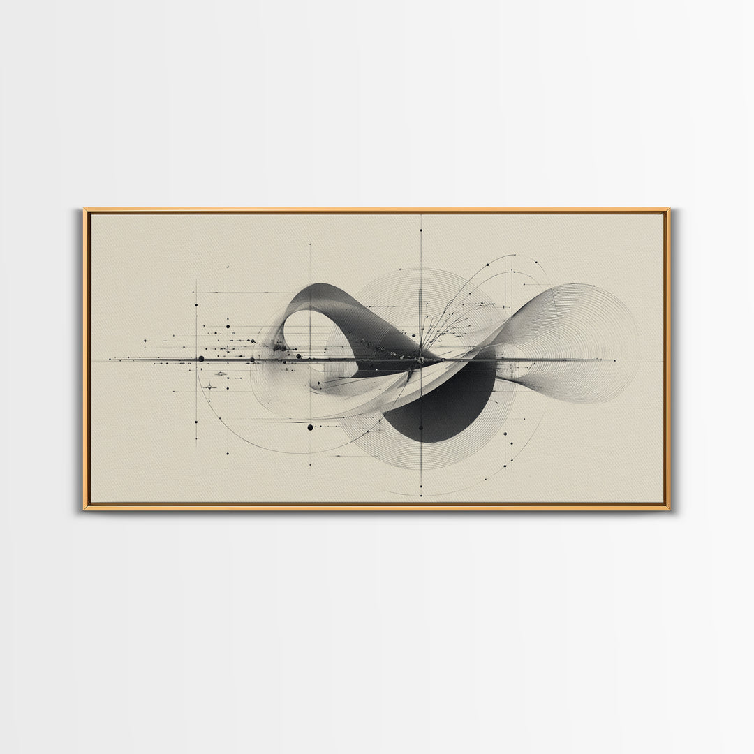 Beige Kinetic Wave Diagram Framed Canvas Print, Modern Abstract Wall Decor, Architectural Line Art Poster For Office Home