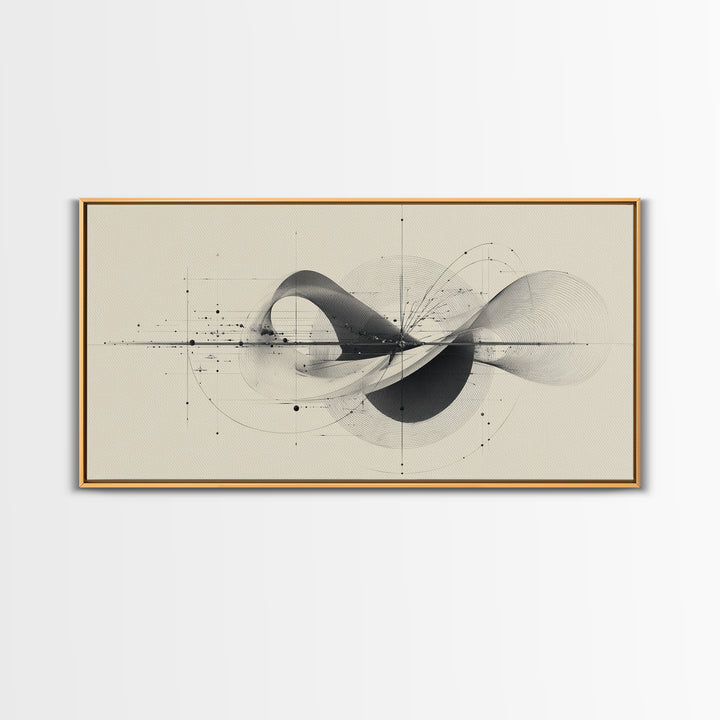 Beige Kinetic Wave Diagram Framed Canvas Print, Modern Abstract Wall Decor, Architectural Line Art Poster For Office Home