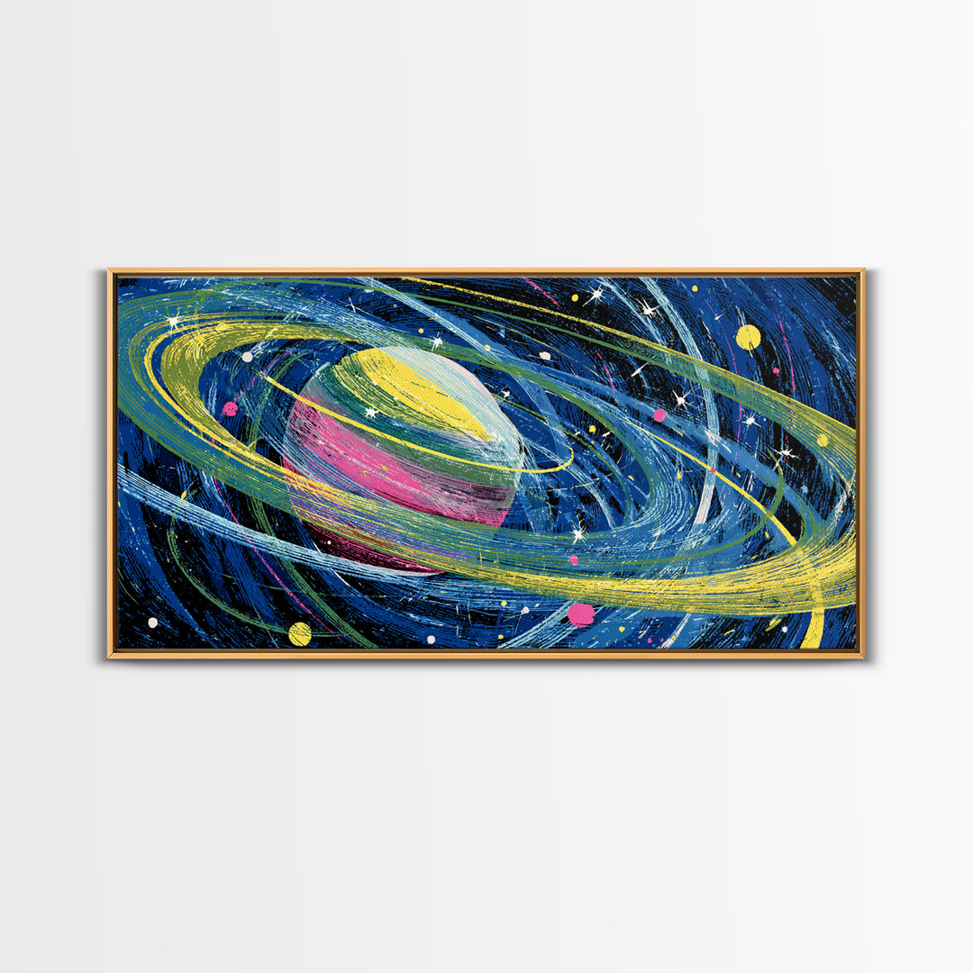 Colorful Ringed Planet Wall Art, Retro Sci Fi Space Poster, Cosmic Mid Century Modern Art Print, Kids Room Galaxy Decor Gift