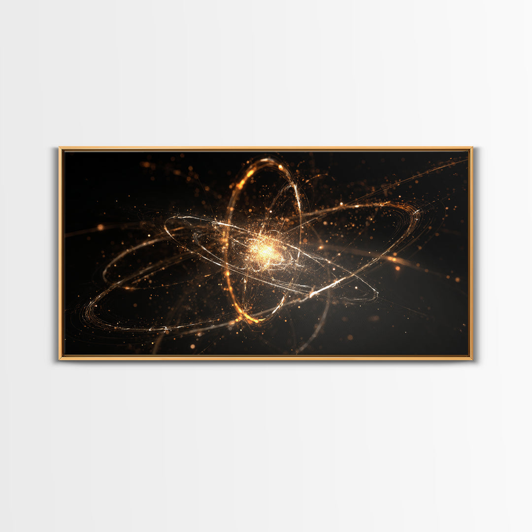 Golden Atomic Orbit Wall Art, Modern Abstract Space Poster, Cosmic Particle Artwork, Black Gold Home Office Decor Print Gift
