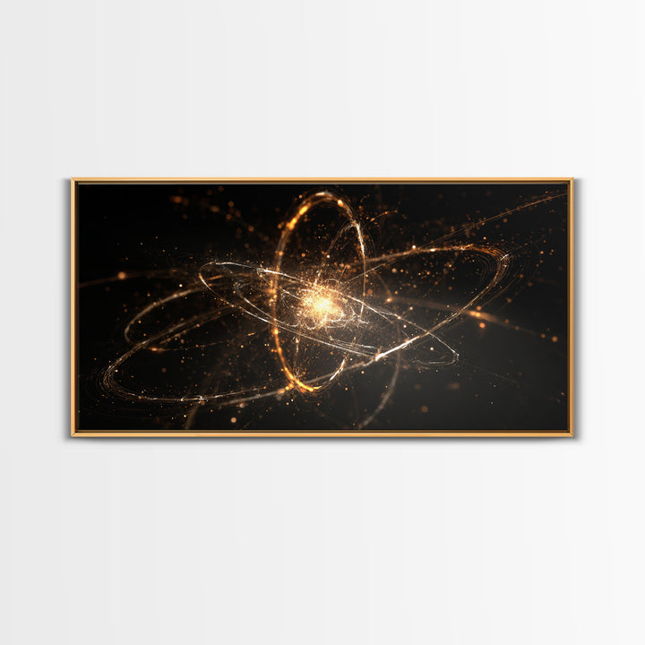 Golden Atomic Orbit Wall Art, Modern Abstract Space Poster, Cosmic Particle Artwork, Black Gold Home Office Decor Print Gift