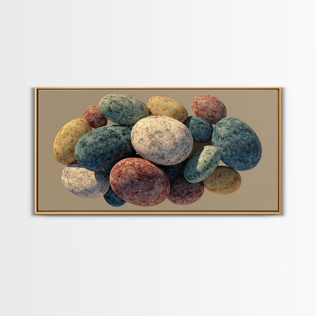 Speckled Egg And Stone Still Life Canvas Print, Earth Tone Organic Shapes, Modern Home Decor, Kitchen Art, Neutral Wall Decor
