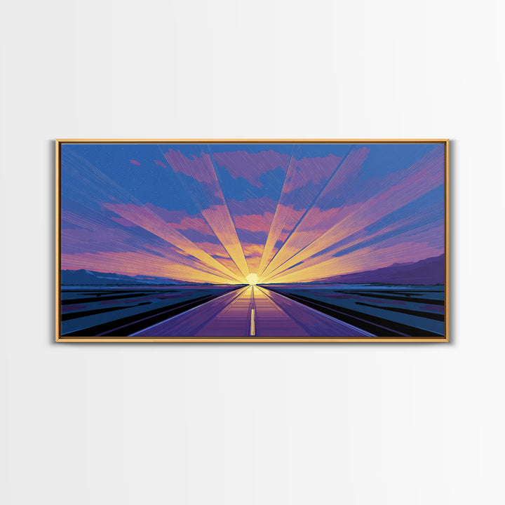 Radiant Road Sunset Canvas Print, Purple Blue Horizon Rays, Retro Travel Poster, Modern Wall Art, Midcentury Decor, Home Office Art