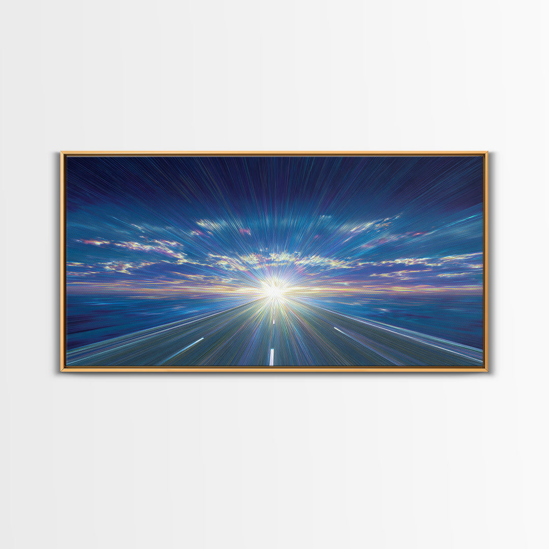 Blue Highway Light Burst Canvas Print, Radiant Horizon Road, Modern Abstract Art, Retro Wall Art, Home Office Decor, Large Prints