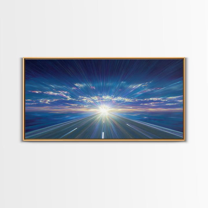 Blue Highway Light Burst Canvas Print, Radiant Horizon Road, Modern Abstract Art, Retro Wall Art, Home Office Decor, Large Prints