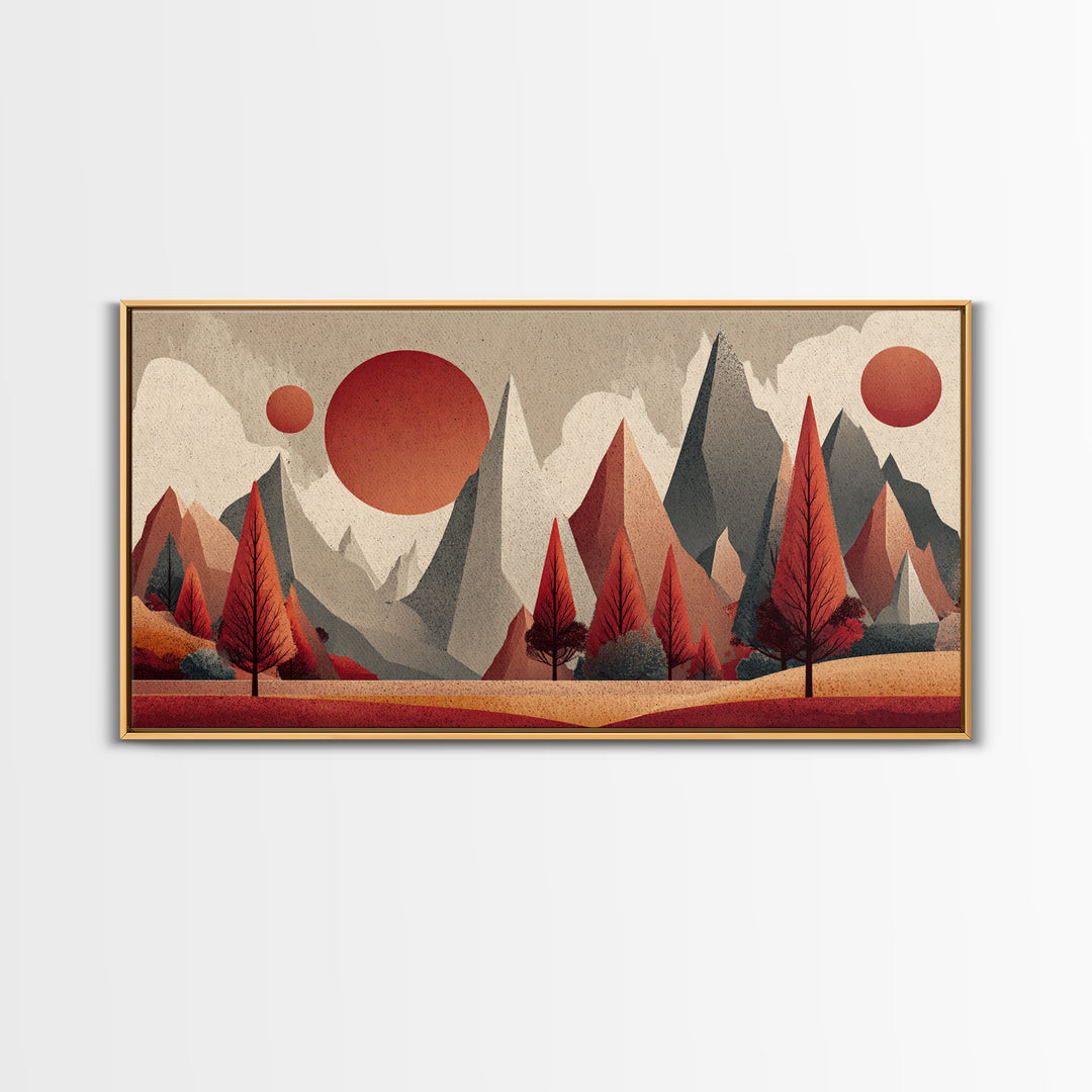 Red Pine Mountain Sunrise Wall Art, Midcentury Modern Abstract Landscape Print, Retro MCM Cabin Decor, Framed Canvas Print