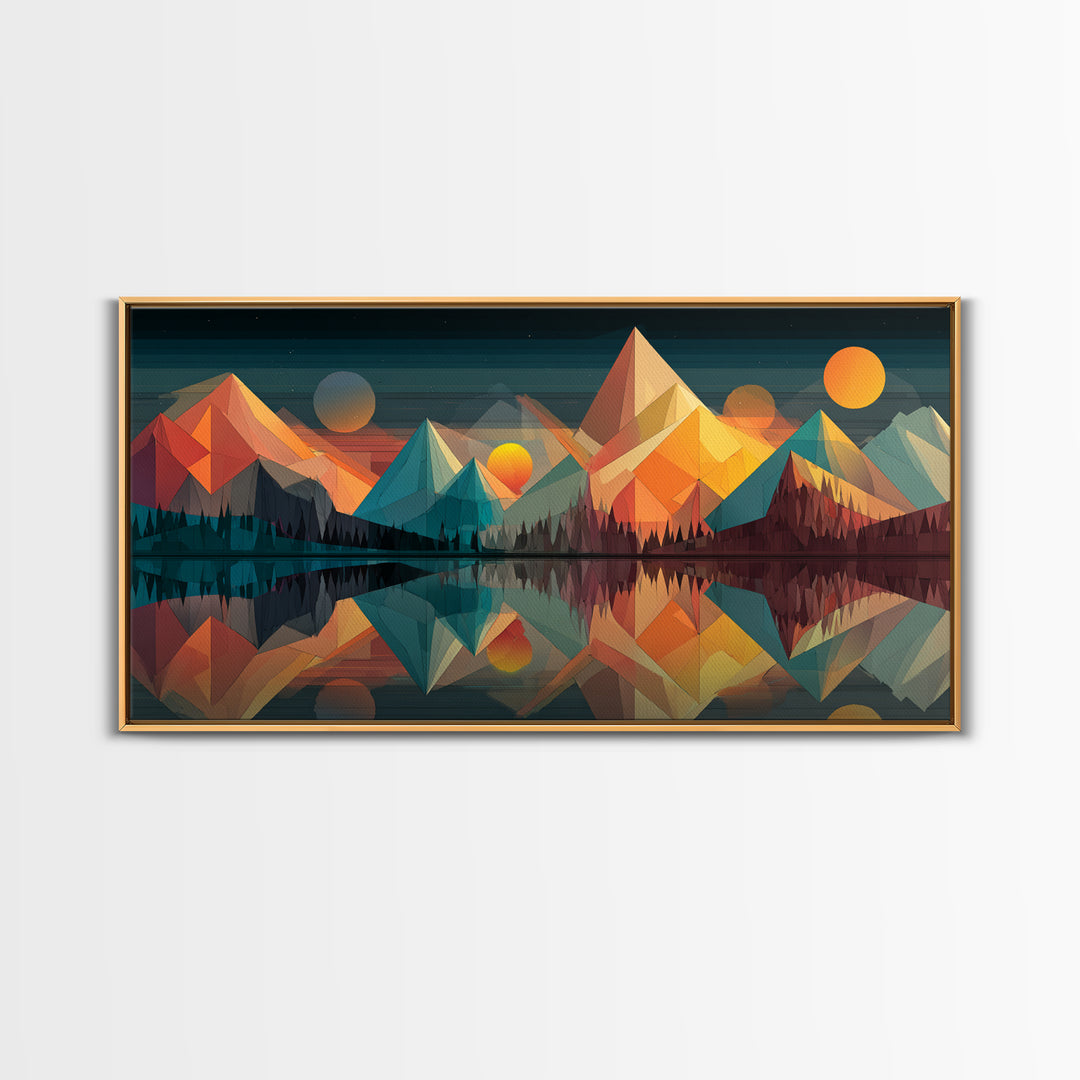 Colorful Geometric Mountain Lake Canvas Print, Midcentury Modern Wall Art, Abstract Landscape Poster, Retro MCM Cabin Home Decor