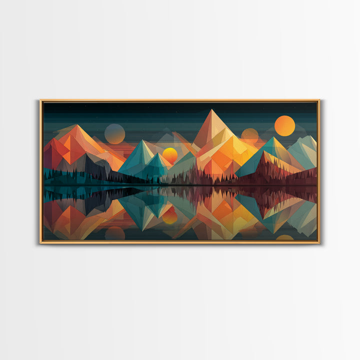 Colorful Geometric Mountain Lake Canvas Print, Midcentury Modern Wall Art, Abstract Landscape Poster, Retro MCM Cabin Home Decor