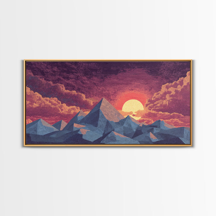 Textured Purple Mountain Sunset Wall Art, Retro Midcentury Modern Landscape Print, Scenic Bedroom Decor, Framed Canvas Print