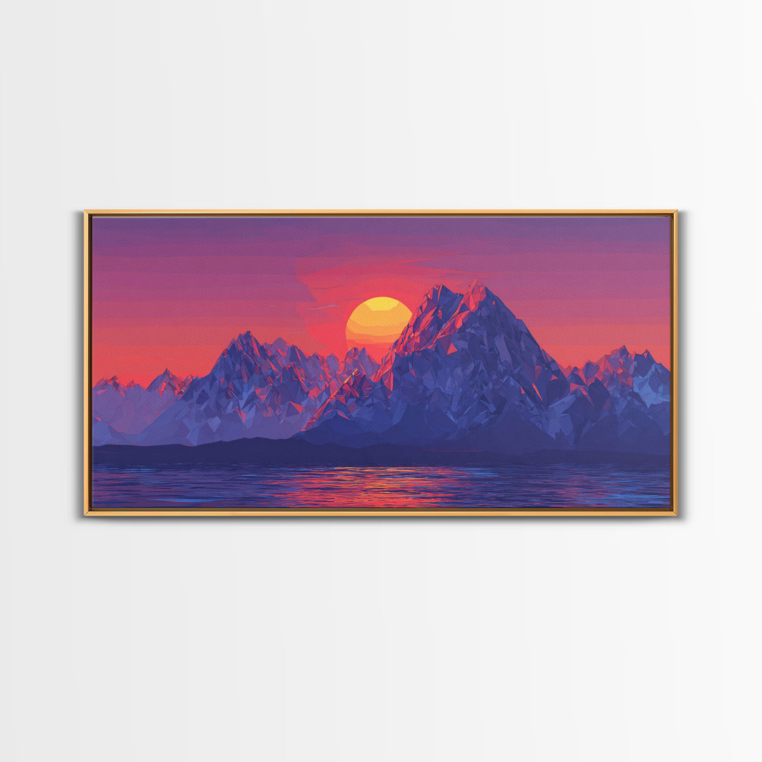 Alpine Mountain Lake Sunset Canvas Print, Blue Purple Landscape Wall Art, Modern Retro Poster, Bedroom Home Office Decor