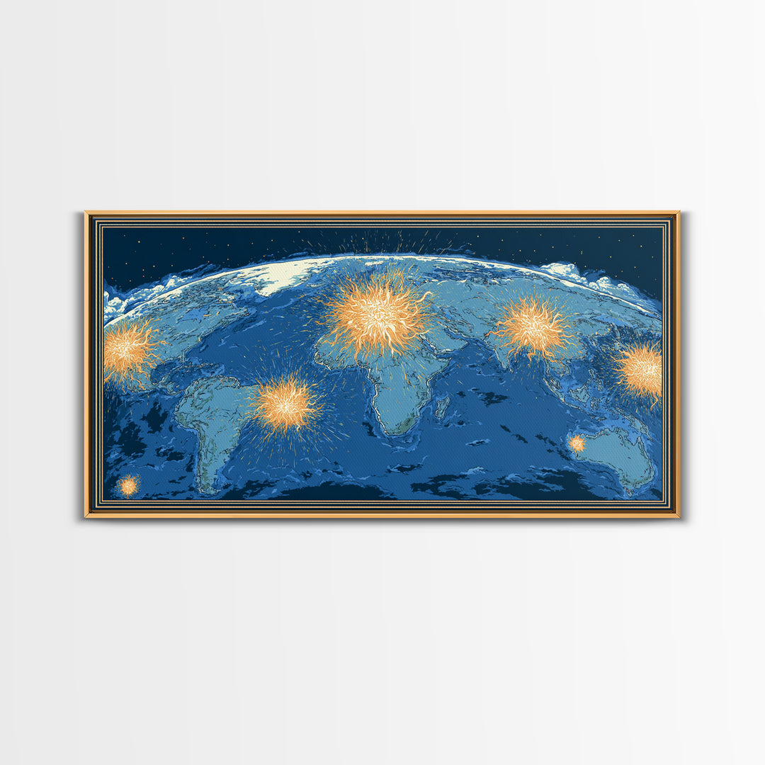 Blue World Map With Orange Network Bursts Wall Art, Modern Global Travel Print, Large Home Office Decor, Framed Canvas Print