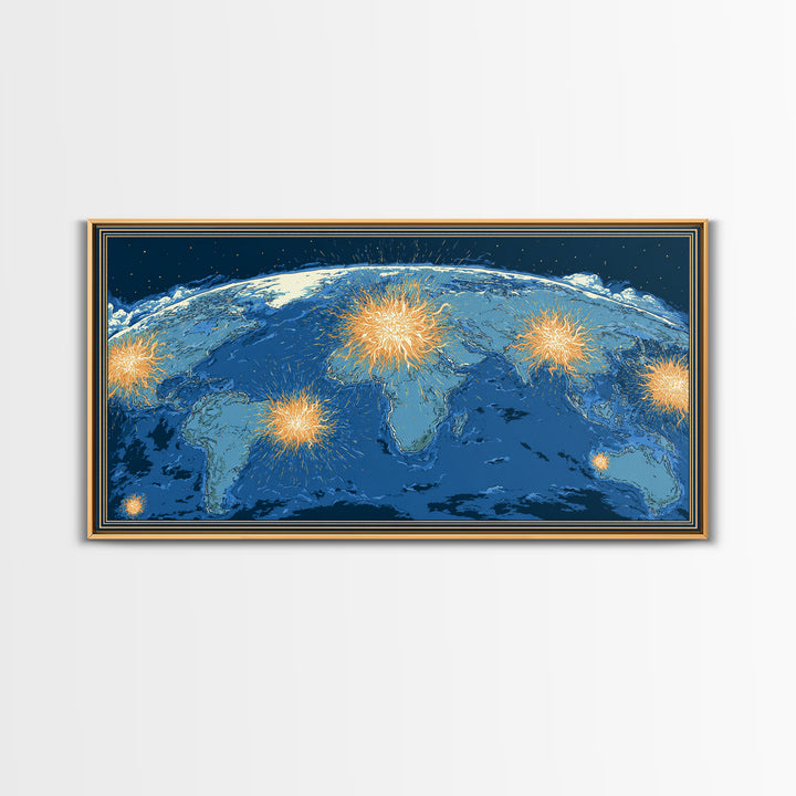 Blue World Map With Orange Network Bursts Wall Art, Modern Global Travel Print, Large Home Office Decor, Framed Canvas Print
