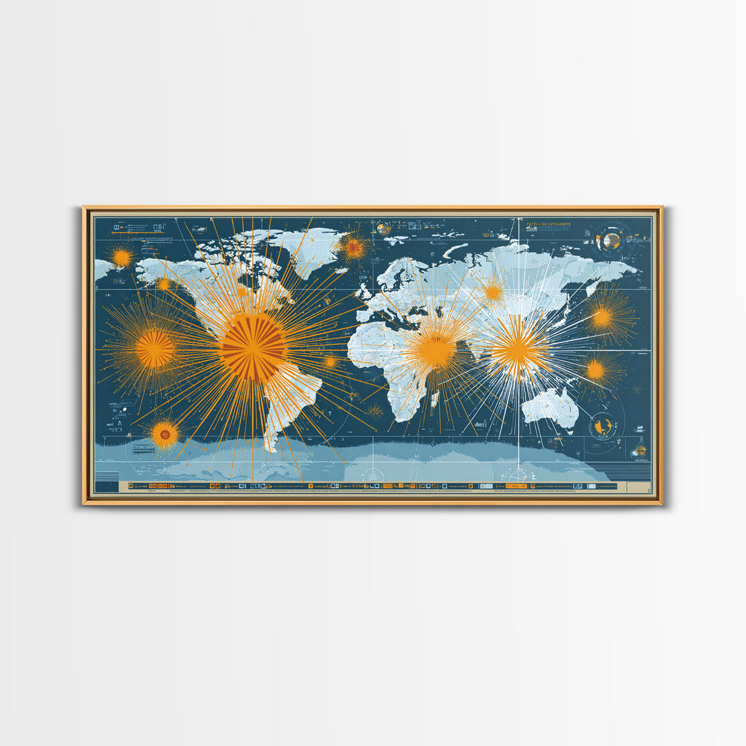 Detailed Blue World Map Network Canvas Print, Modern Office Wall Art, Global Travel Poster, Large Home Decor, Digital Art Print