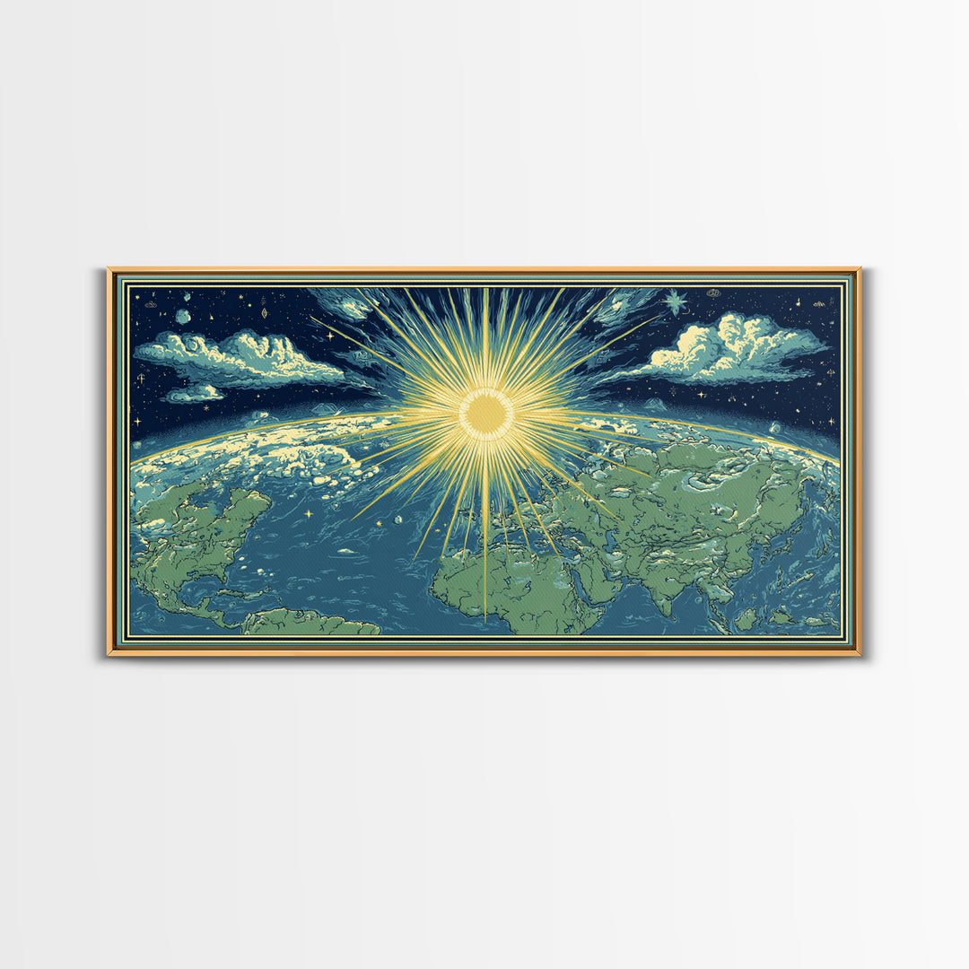 Radiant Sunrise World Map Wall Art, Celestial Earth Poster, Midcentury Modern Art Print, Starry Travel Decor For Living Room