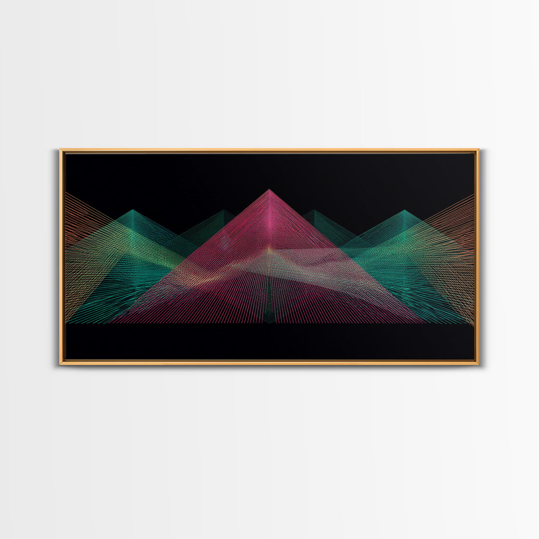 Neon Wireframe Pyramid Wall Art, Sci Fi Abstract Poster, Modern Digital Art Print, Black Retro Decor For Gaming Room Or Studio