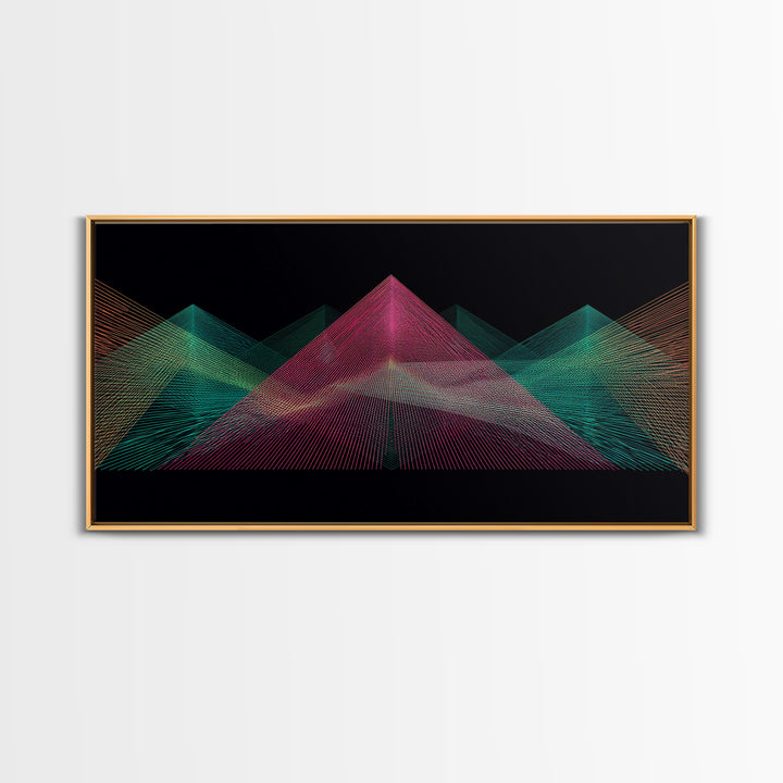 Neon Wireframe Pyramid Wall Art, Sci Fi Abstract Poster, Modern Digital Art Print, Black Retro Decor For Gaming Room Or Studio