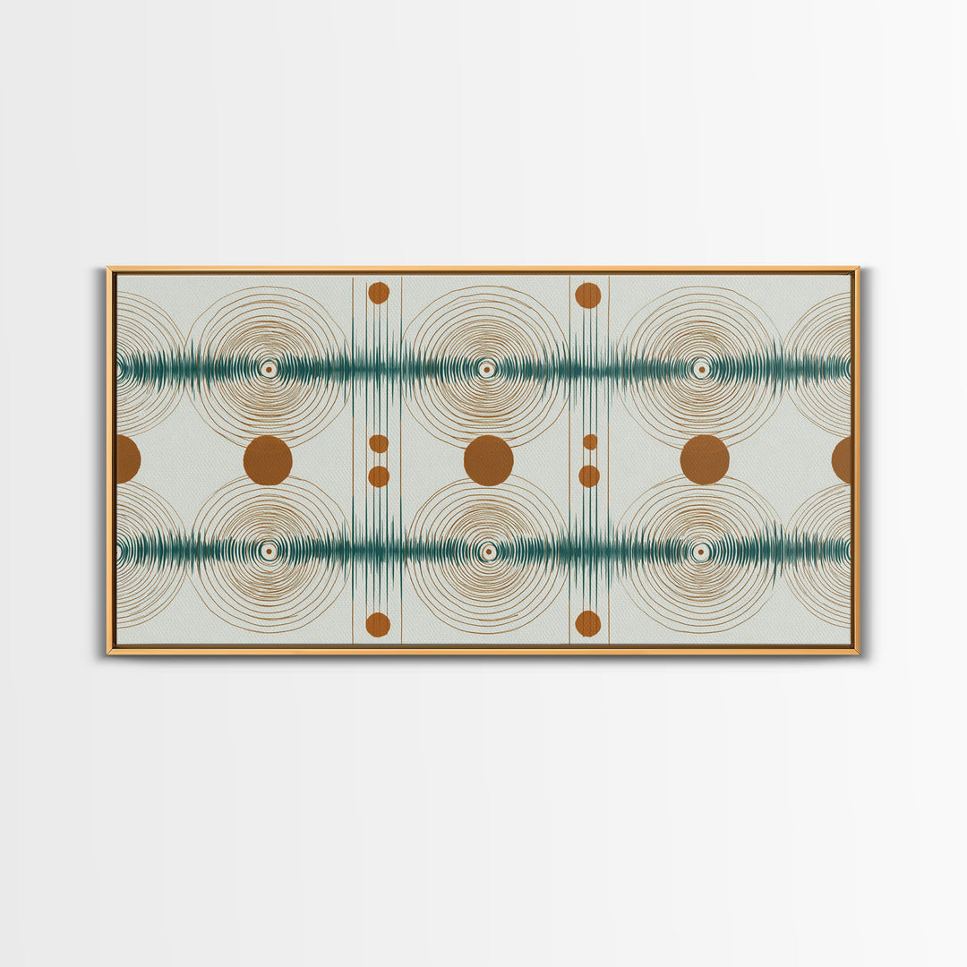 Teal Copper Atomic Sound Wave Framed Canvas Print, Midcentury Modern Art, Geometric Wall Art, Retro Home Office Decor Print