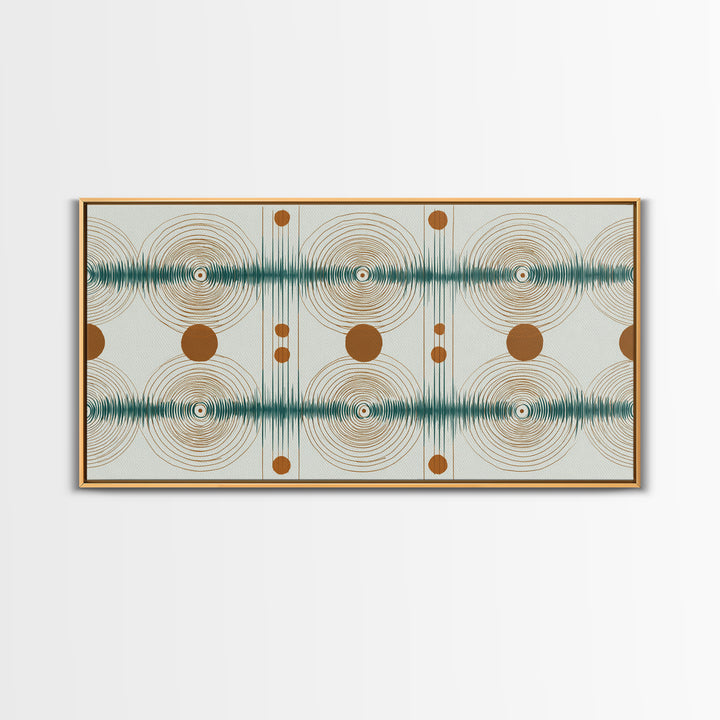 Teal Copper Atomic Sound Wave Framed Canvas Print, Midcentury Modern Art, Geometric Wall Art, Retro Home Office Decor Print