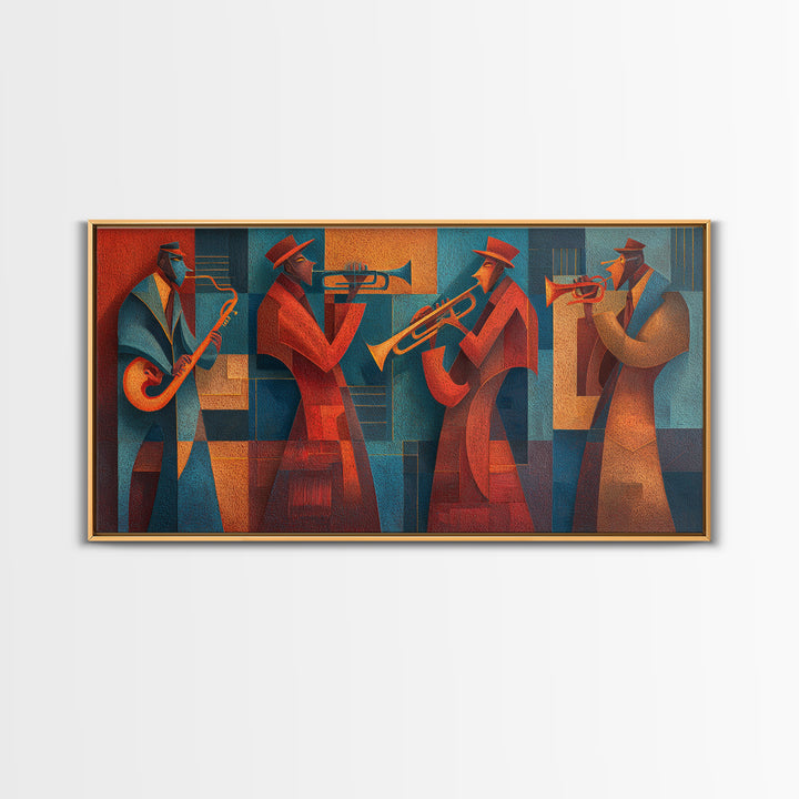 Red Teal Jazz Horn Ensemble Framed Canvas Print, Midcentury Modern Wall Art, Retro Music Poster, Masculine Decor Gift For Him