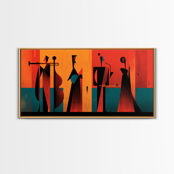 Orange Black Abstract Jazz Ensemble Wall Art, Midcentury Modern Poster, Atomic Art Print, Bold Geometric Home Decor For Musicians